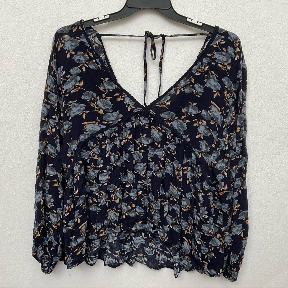 Umgee USA Navy Blue Floral Print Lace Trim High Low Baby Doll Long Sleeve XL